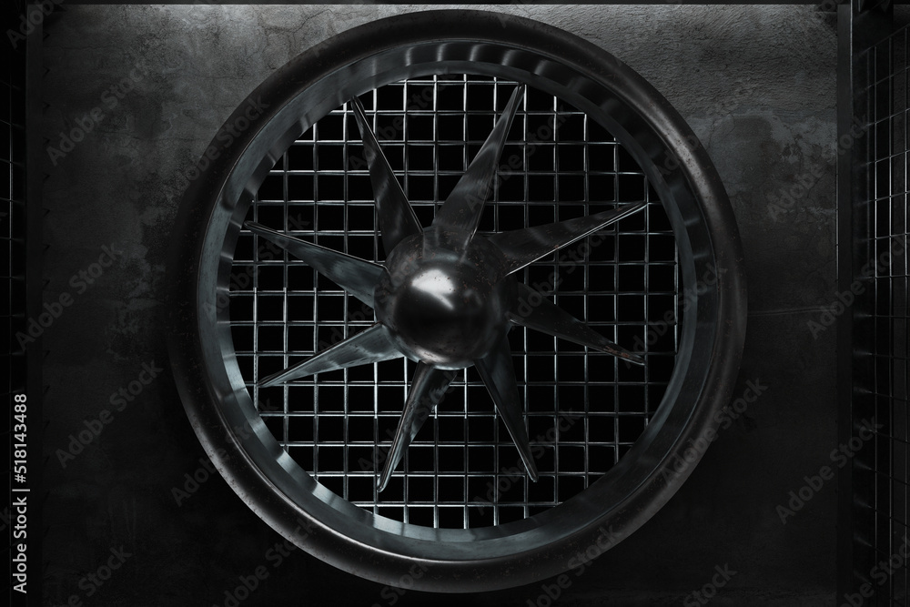 Poster 3d rendering of old rotation turbine in a close-up