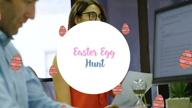 Animation of easter eggs and easter egg hunt over diverse businesspeople working in office