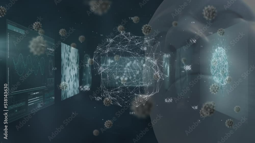 Poster globe of network of connections and covid-19 cells against human face model and data processing