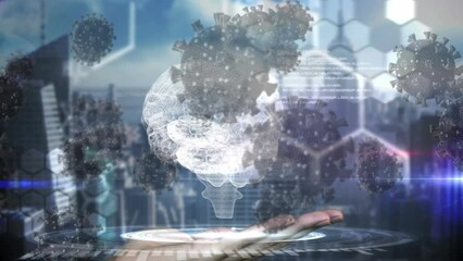 Covid-19 cells over brain spinning over a hand against data processing and aerial view of cityscape - Powered by Adobe