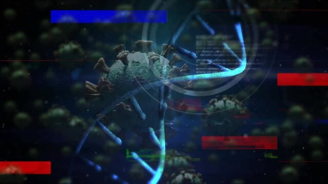 Animation of virus cells, glitch and dna on black background