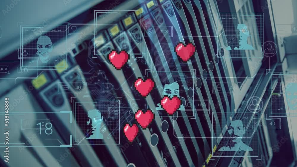 Poster animation of red hearts and data processing with photos over computer server