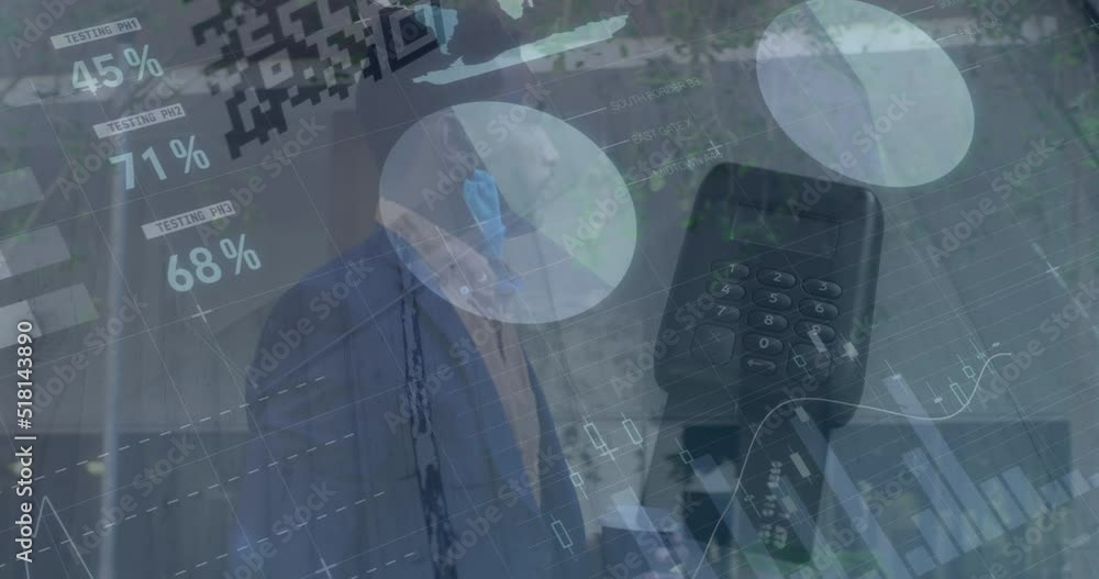 Poster animation of financial data processing and statistics over biracial businessman and payment terminal