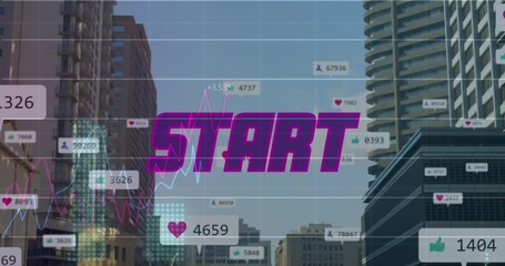 Animation of start and social media icons with data processing over cityscape - Powered by Adobe