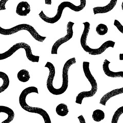 Thick textural curved lines and circles vector seamless pattern. Hand drawn bold dry brush strokes. Organic grunge squiggle smears and round shapes. Organic rounded maze lines ornament.