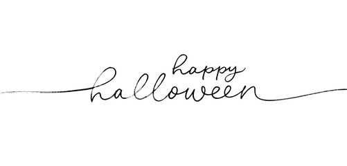 Happy Halloween vector line lettering. Holiday calligraphy, hand drawn black brush lettering. Phrase for banner, poster, greeting card, party invitation. Modern simple calligraphy isolated on white.