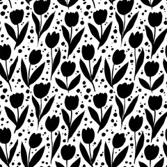 Black tulips with dots vector seamless pattern. Hand drawing, sketchy style of tulips. Flower silhouettes. Black botanical ink ornament. Hand drawn painting for your fabric, wrapping paper, wallpaper.