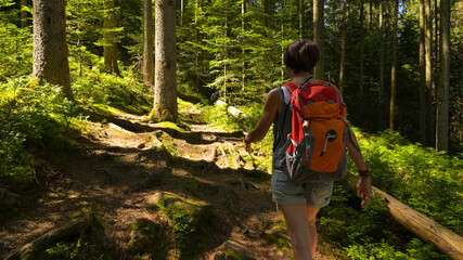 Frau wandert mit Rucksack im Wald