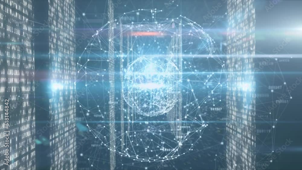 Poster animation of globe with network of connections over computer servers