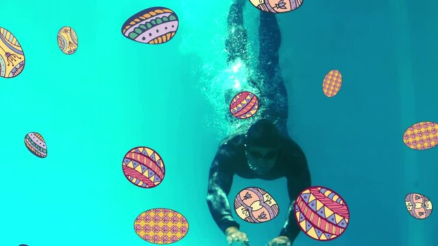 Animation of easter eggs over swimmer swimming in pool