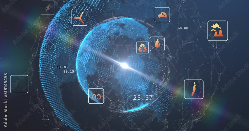 Poster animation of eco icons over globe and data processing