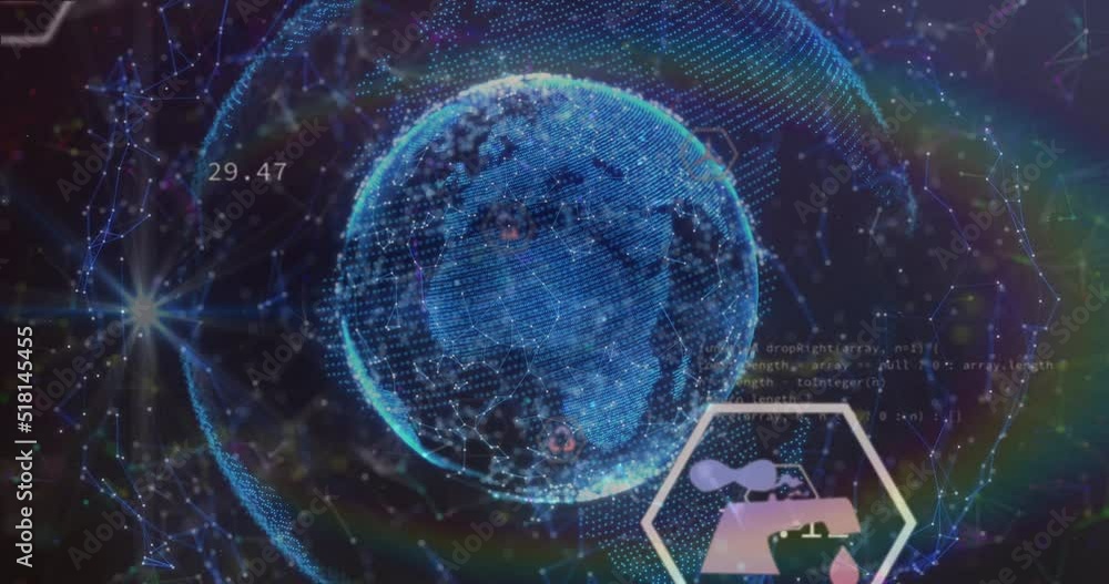 Poster animation of eco icons over globe and data processing