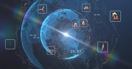 Animation of eco icons over globe and data processing - Powered by Adobe