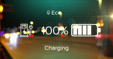 Animation of eco icons and data processing over out of focus city lights - Powered by Adobe
