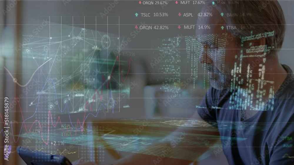 Poster animation of digital interface with data processing over caucasian men using laptop