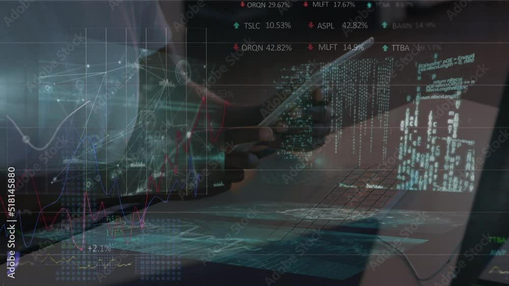Aufkleber animation of digital interface with data processing over person using laptop