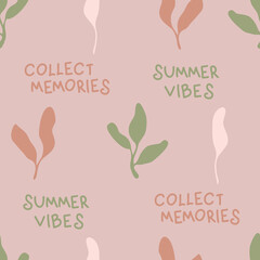 Obraz premium Doodle seamless pattern with small plant and text. Simple aesthetic print for tee, fabric, stationery. Hand drawn vector illustration for decor and design.