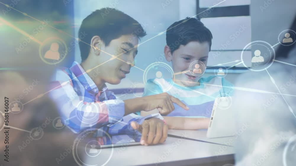 Poster animation of network of connections over diverse group of students using technology