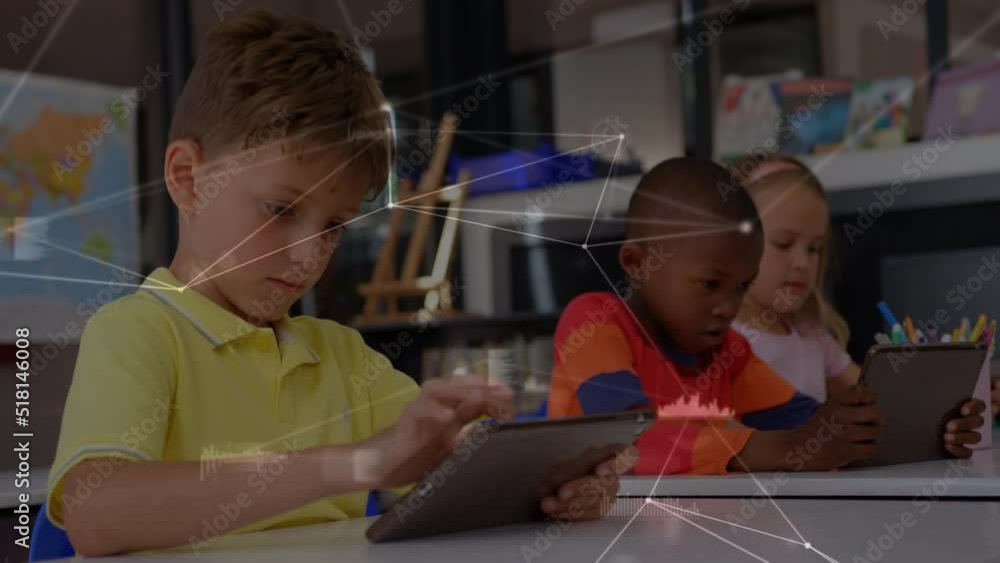Aufkleber animation of network of connections over diverse group of students using technology