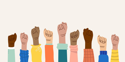 Hands and fists of people of different nationalities and races raised in the air. Protest and strike. Fighting for their rights. Men and women express dissatisfaction and defend their position - obrazy, fototapety, plakaty