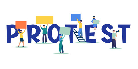 People with placards and banners in their hands protest and participate in the demonstration and rally. Activists express discontent and defend their position. A political revolution. Flat vector