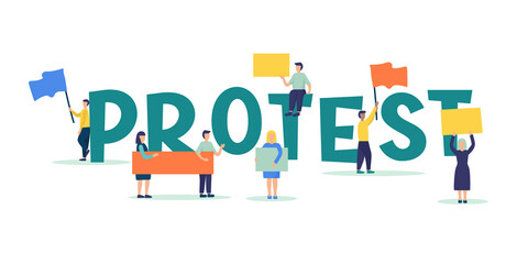 People with placards, banners and flags in their hands protest and participate in the demonstration and rally. Activists express discontent and defend their position. A political revolution