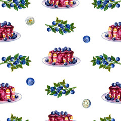 Blueberry pattern. Seamless pattern with blueberries and cake. Watercolor. For packaging, labels and textiles.