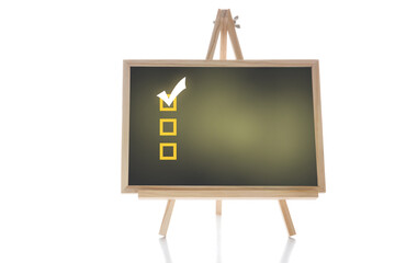Check list box with check mark on chalkboard on white background.  Selection concept and success...