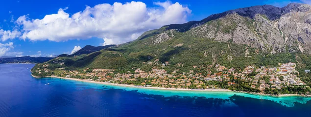 Gordijnen Greece summer holidays. Best scenic beaches of Corfu island - aerial panoramic drone view of Barbati beach in eastern part © Freesurf