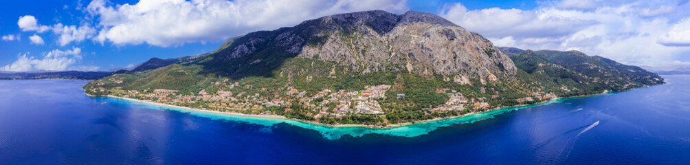 Greece summer holidays. Best scenic beaches of Corfu island - aerial panoramic drone view of Barbati beach in eastern part - obrazy, fototapety, plakaty