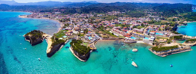 Corfu island nature sea scenery. Panoramic aerial view of stuning bay of Sidari, popular tourist resort with beautiful rock formation and famous Canal D'Amour - obrazy, fototapety, plakaty