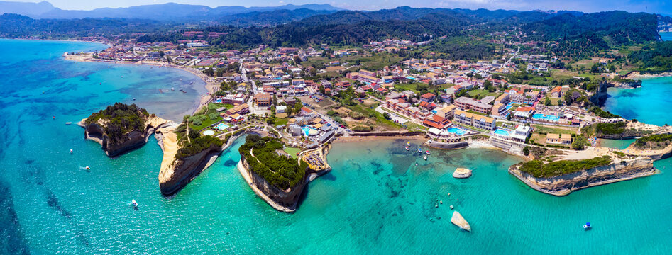 Corfu island nature sea scenery. Panoramic aerial view of stuning bay of Sidari, popular tourist resort with beautiful rock formation and famous Canal D'Amour