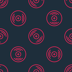 Red line Vinyl disk icon isolated seamless pattern on black background. Vector