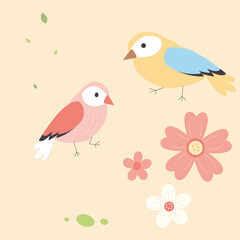 Print, cute spring collection with flowers, bird