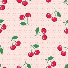 Seamless red cherrie pairs with stalk and leaf,  on a pink polka dot background. EPS10 vector format.  © Rixie