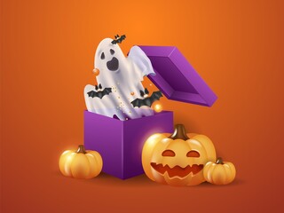 Halloween banner template with 3d funny pumpkins, sweets, ghost, bats flying out of the box. on an orange background.Creepy website template with space for text