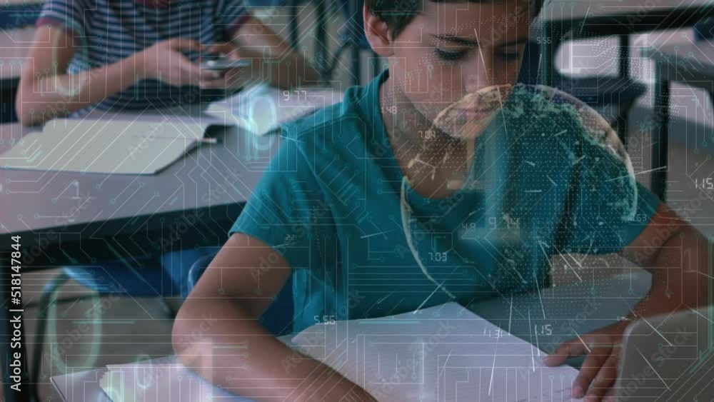 Aufkleber animation of data processing over biracial boy using laptop