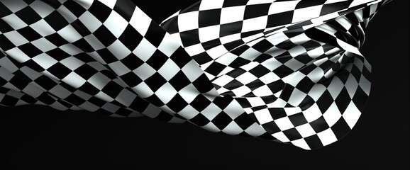 Black and white checkered curved flag or ribbon, sport banner on dark background