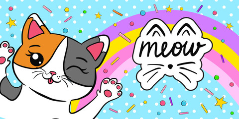 Cute Adorable Kawaii Cat vector banner, trendy background