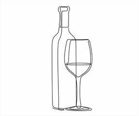 Continuous line one drawing of wine bottle with wineglass. Vector illustration.
