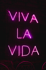 Sign in Spanish with neon light with the text Viva la Vida. Neon lights sign on a black background. bright letters. A pink neon sign lit up a room. - obrazy, fototapety, plakaty