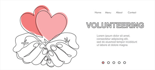 Continuous one line drawing of volunteering hands with heart.  Illustration with quote template. Can used for logo, emblem, slide show and banner.
