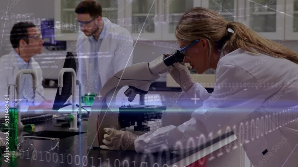 Poster animation of digital data processing over diverse group of scientist
