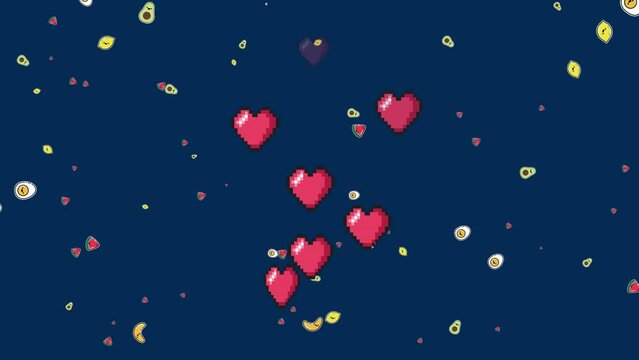 Animation of falling hearts, eggs, avocado over dark background