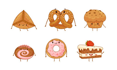 Funny pastries characters set. Tasty bakery products with smiling faces vector illustration