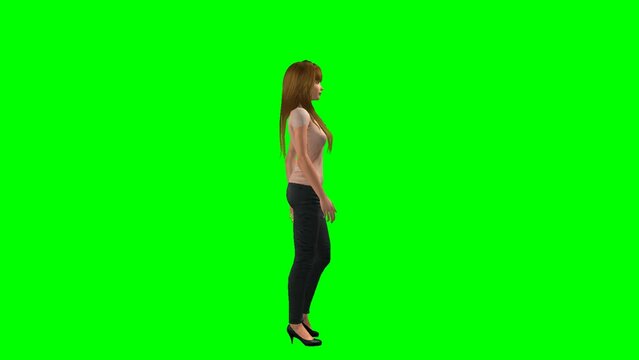 Long haired woman walks across a green screen