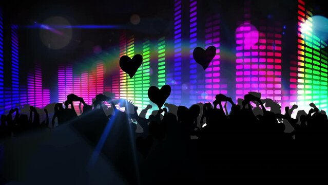 Animation of falling hearts over dancing people and lights