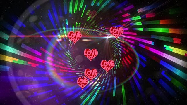 Animation of falling hearts over colorful lights