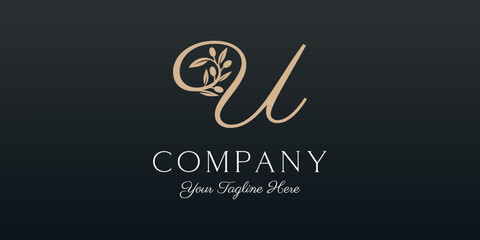 letter U combined twig Olive oil logo design template. © gemilang