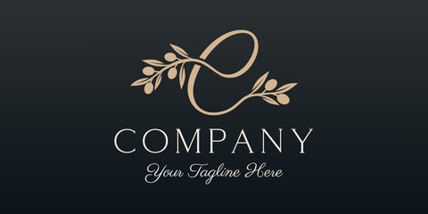 letter E combined twig Olive oil logo design template.